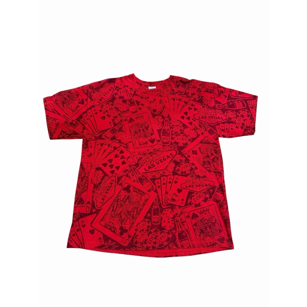 Vintage Gildan Y2K Las Vegas Print T Shirt Men’s XL Red Casino Gambling Poker